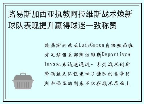 路易斯加西亚执教阿拉维斯战术焕新球队表现提升赢得球迷一致称赞